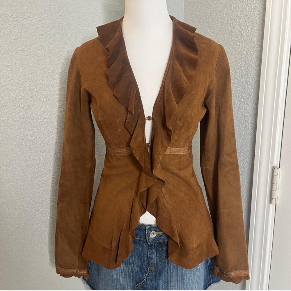 Vintage Express Brown Ruffled Blazer - Picture 3 of 7